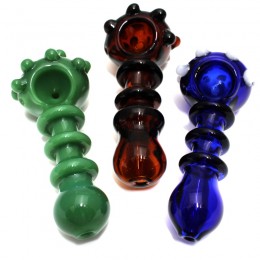 4'' Head Doted Solid Color Ribbed Design Heavy Duty Glass Hand Pipe 