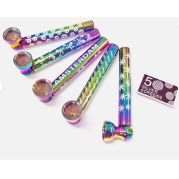3" Fancy Print Rainbow Color Glass Pipe wit Metal Bowl & Screen