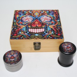 Bamboo Box with Decal on Top , Glass Jar & 4 Part Decal 63 Zinc Grinder