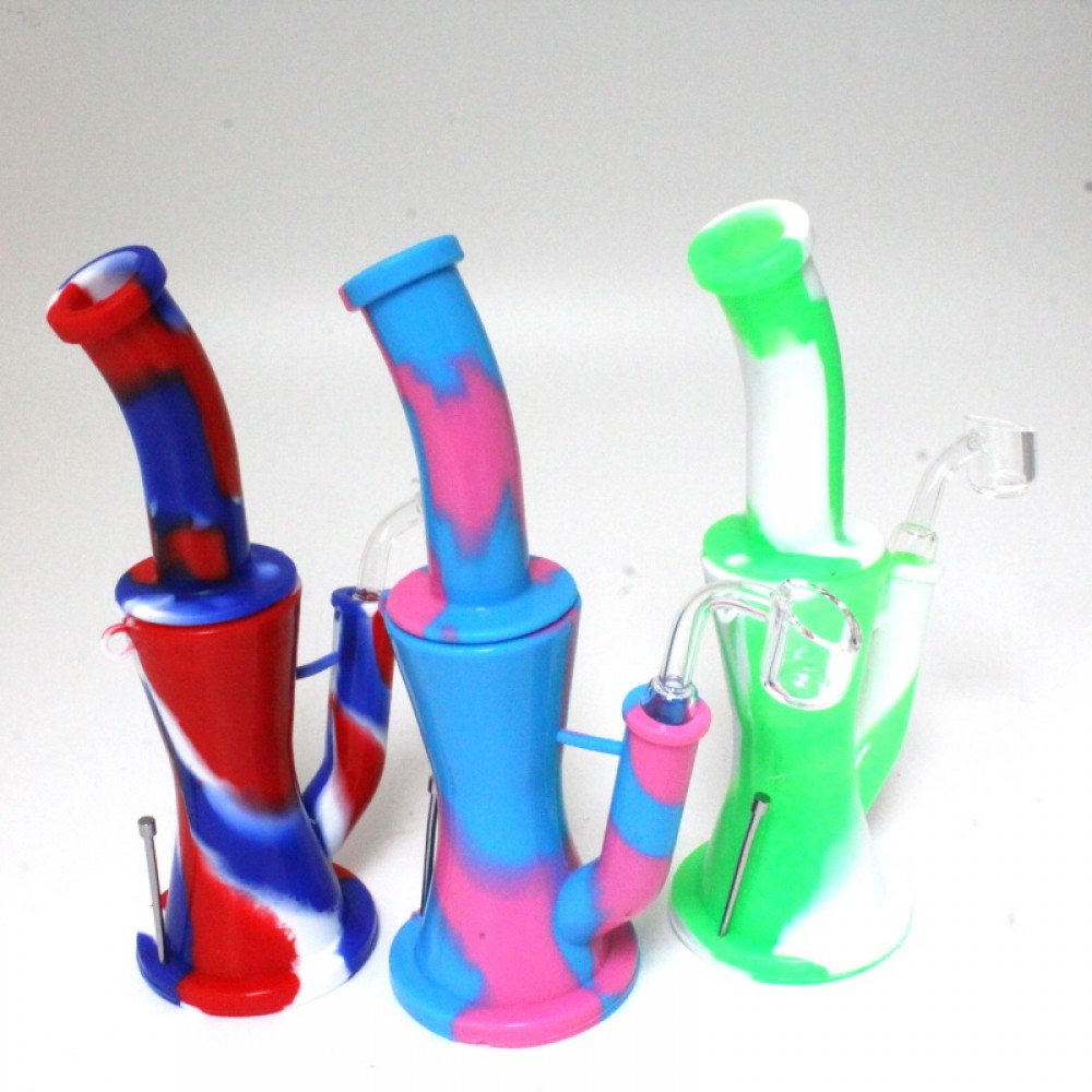 8''  Silicone Flat Bottom Multi Color Dab Rig Water Pipe With 14 MM Male Quartz Banger And Metal Dabber 