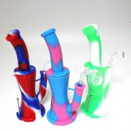 8''  Silicone Flat Bottom Multi Color Dab Rig Water Pipe With 14 MM Male Quartz Banger And Metal Dabber 