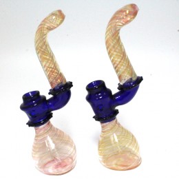 9'' Gold Fumed With Blue Tube Color Sherlock Style Heavy Duty  Glass Bubbler Large Size 